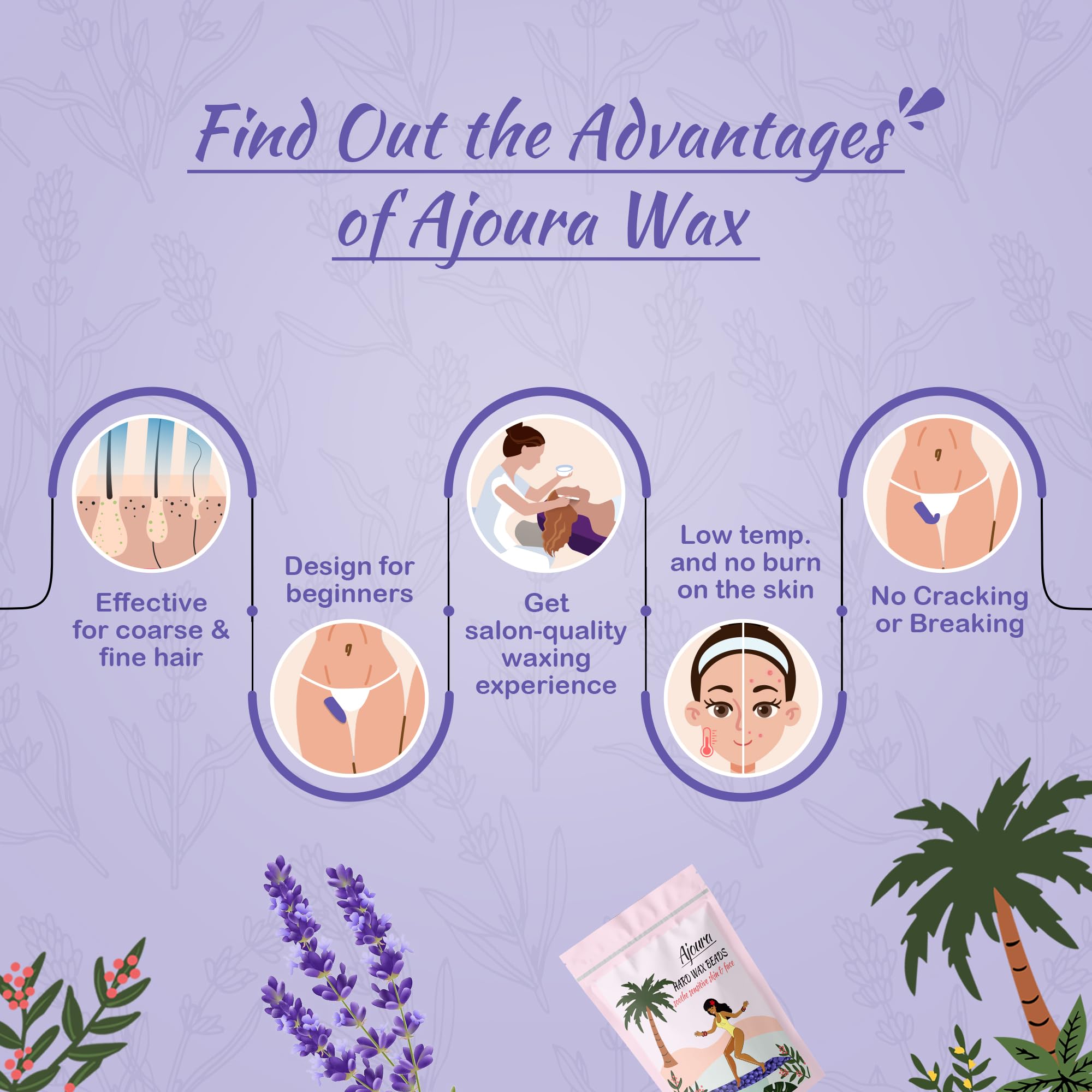 Ajoura 1lb Hard Lavender Wax Beads for Full Body Hair Removal - Brazilian, Bikini, Face, Eyebrows, Underarms, Arms, Chest, Back, Legs (Refill for Wax Warmer Kit, Purple)